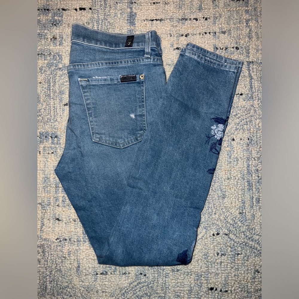 7 For All Mankind distressed embroidered skinny jeans
